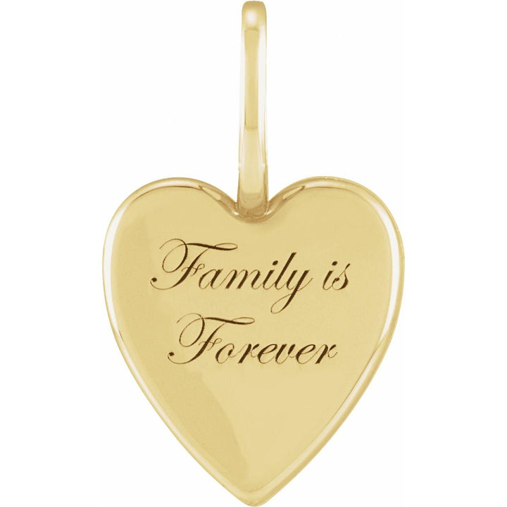 14k gold "Family is Forever" heart-shaped pendant can be customized with message engraving.