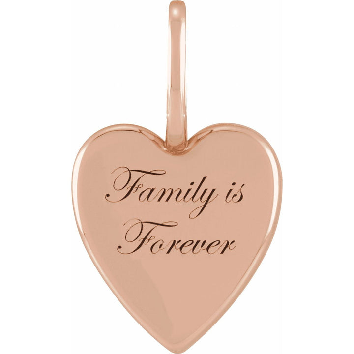 14k rose gold "Family is Forever" heart-shaped pendant can be customized with message engraving.