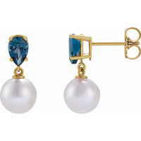 14K Gold White Akoya Pearl & Natural London Blue Earrings
