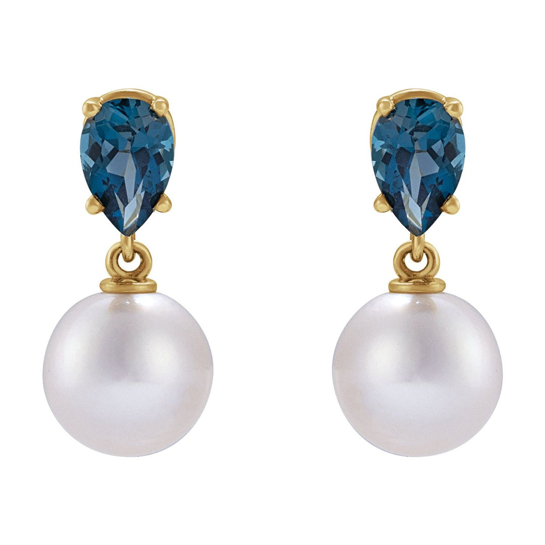 14K Gold White Akoya Pearl & Natural London Blue Earrings