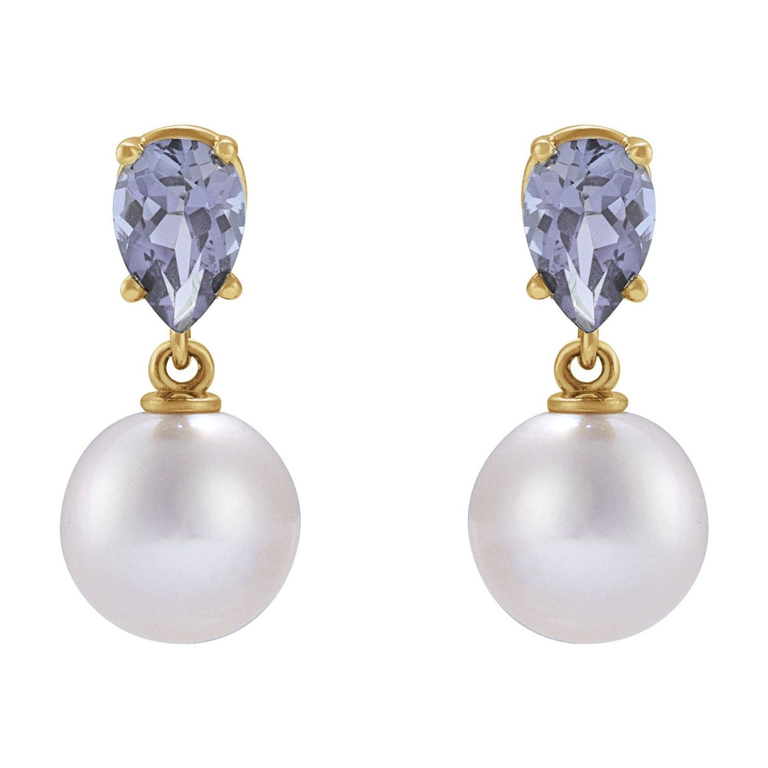 14K Gold White Akoya Pearl & Natural Tanzanite Earrings