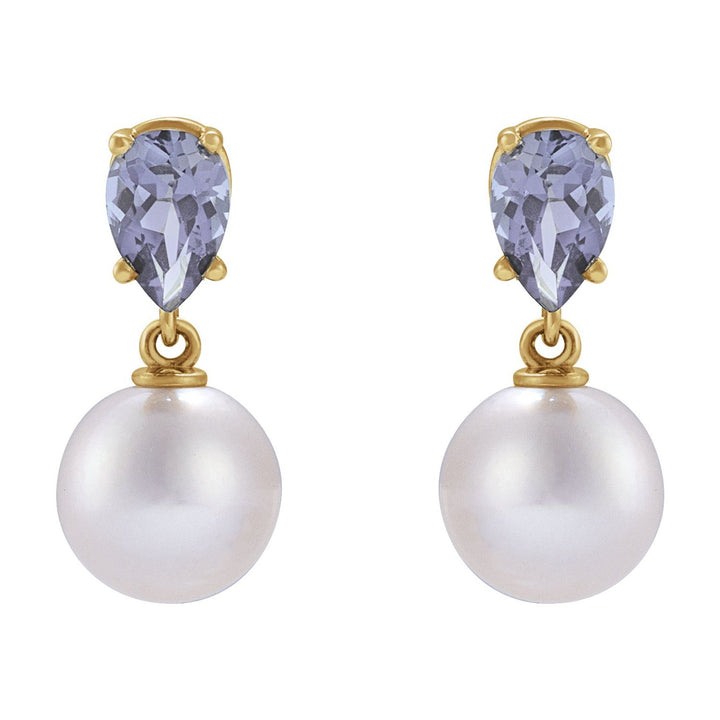 14K Gold White Akoya Pearl & Natural Tanzanite Earrings