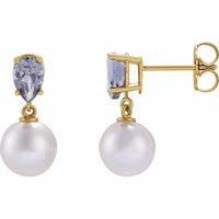 14K Gold White Akoya Pearl & Natural Tanzanite Earrings