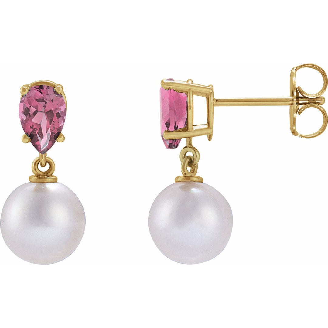 14K Gold White Akoya Pearl & Natural Pink Tourmaline Dangle Earrings