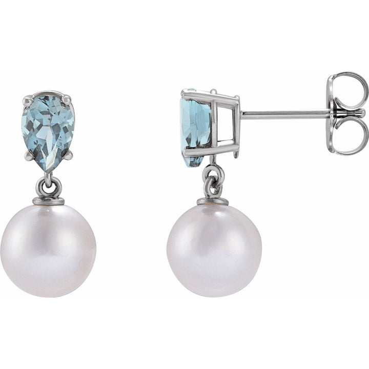 14K Gold White Akoya Pearl & Natural Aquamarine Earrings