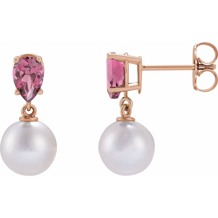 14K Gold White Akoya Pearl & Natural Pink Tourmaline Dangle Earrings