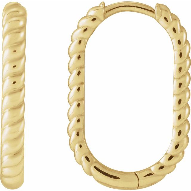 Elongated oval rope hoop earrings in 14k yellow gold.