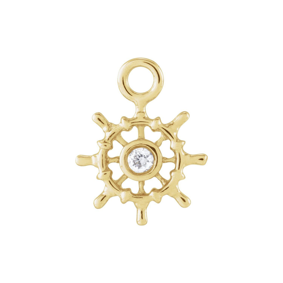 14K gold miniature diamond ship wheel dangle.