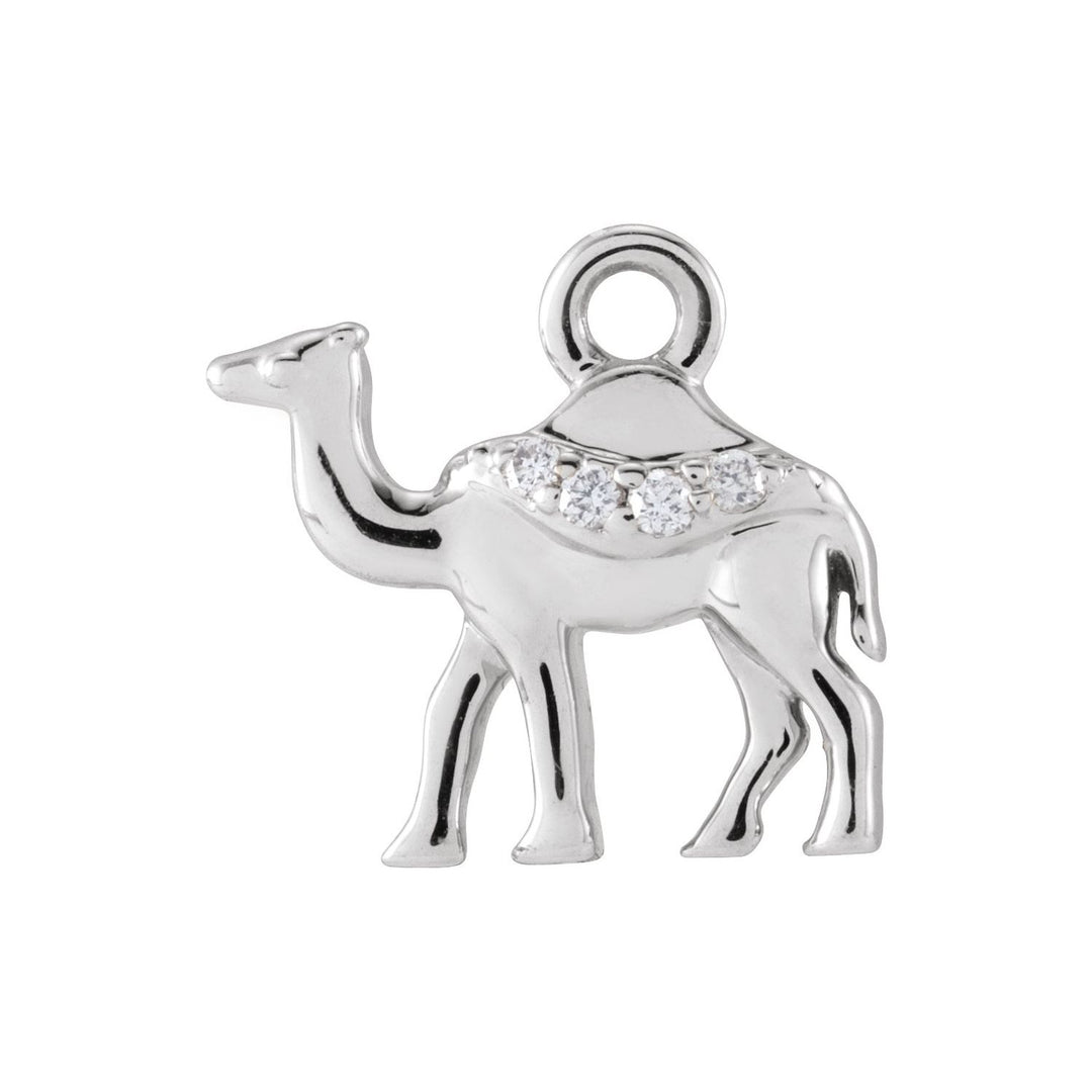 14k white gold miniature diamond accented camel dangle.