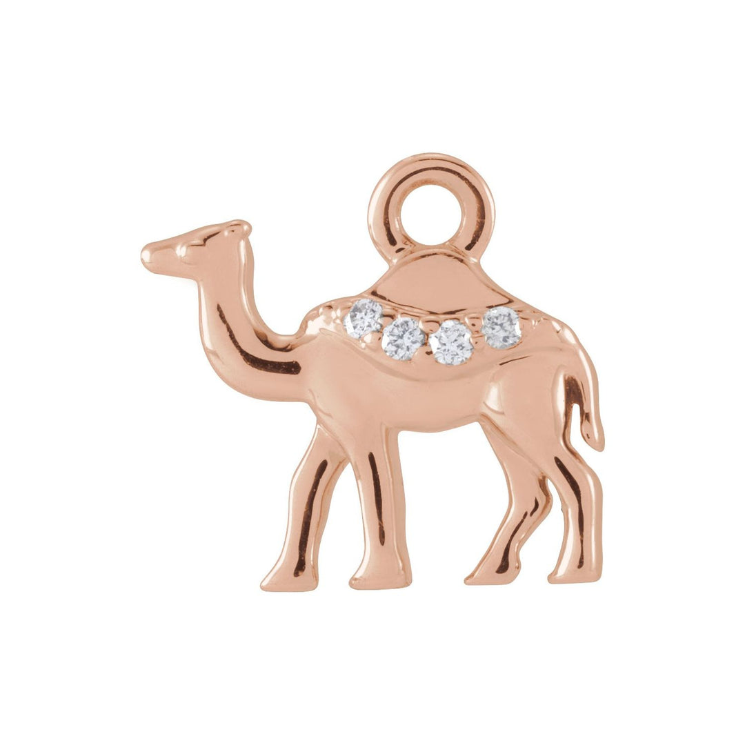 14k rose gold miniature diamond accented camel dangle.