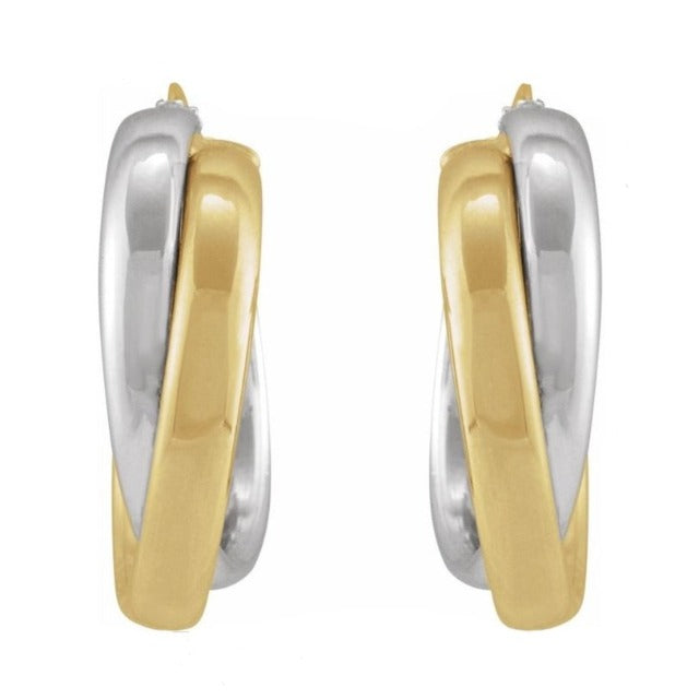 14K yellow/white gold double tube hoop earrings 15mm front view.