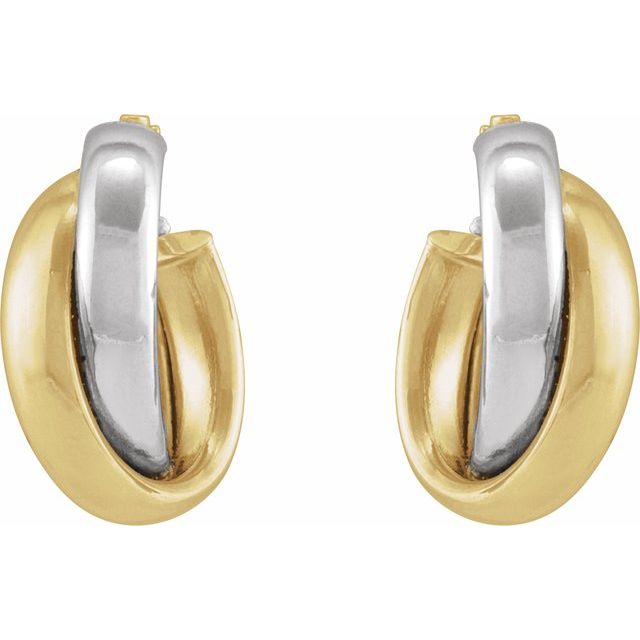 14K yellow/white gold double tube hoop earrings 13mm Front view.