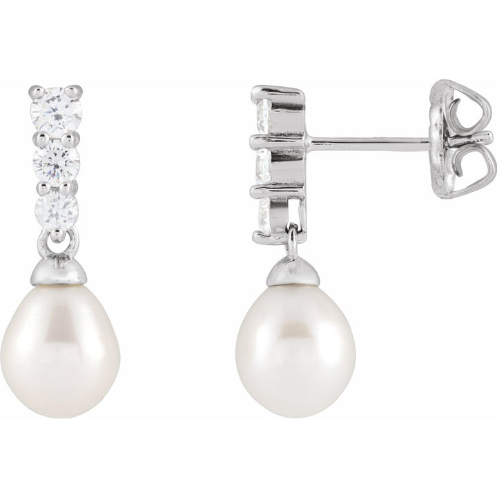 Sterling Silver Cultured White Freshwater Pearl CZ Earrings