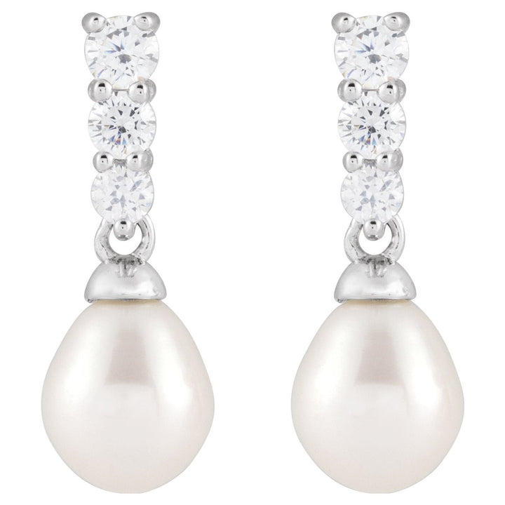 Sterling Silver Cultured White Freshwater Pearl CZ Earrings