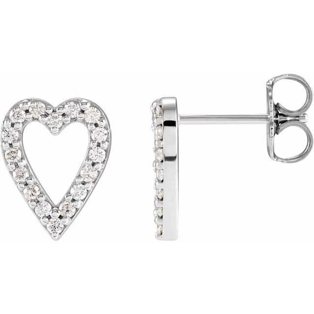 14k white gold natural diamond open heart stud earrings.
