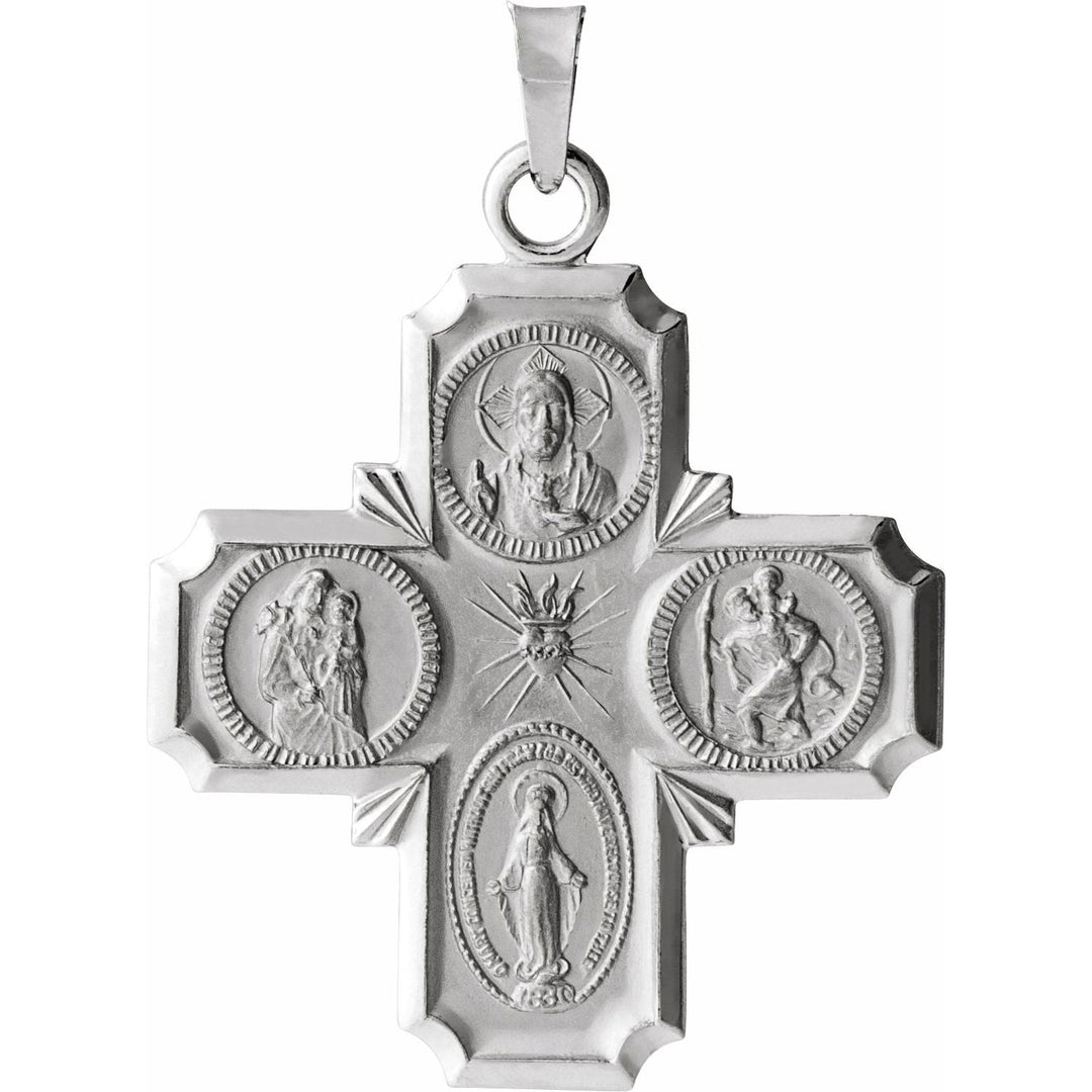 14k white gold 25x24 mm four-way cross medal pendant.