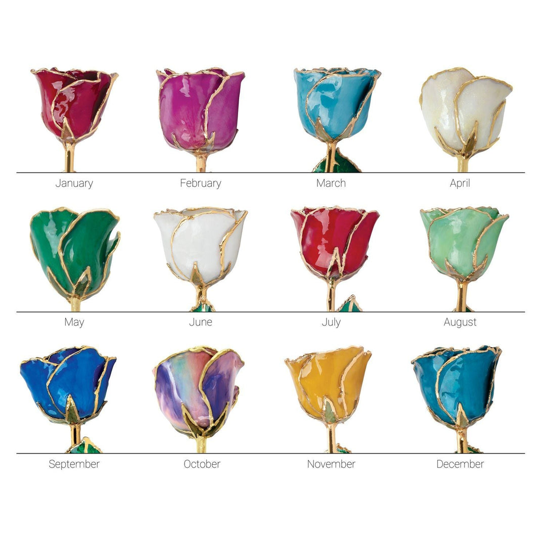 Lacquered gold-trimmed rose states birthstone month chart. 
