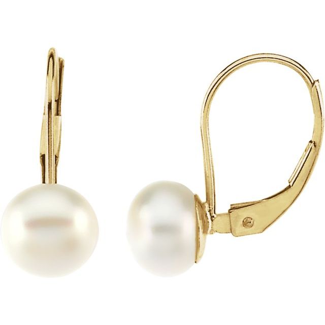 14K Yellow Freshwater Cultured Pearl Lever Back Earrings Gift for Her, Wedding Jewelry