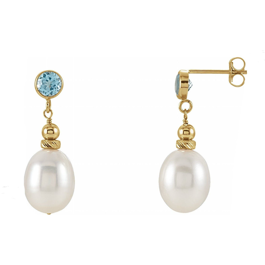 14K Gold Freshwater Pearl & Natural Swiss Blue Topaz Earrings