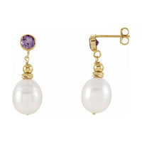14K Gold Freshwater Pearl & Natural Amethyst Earrings