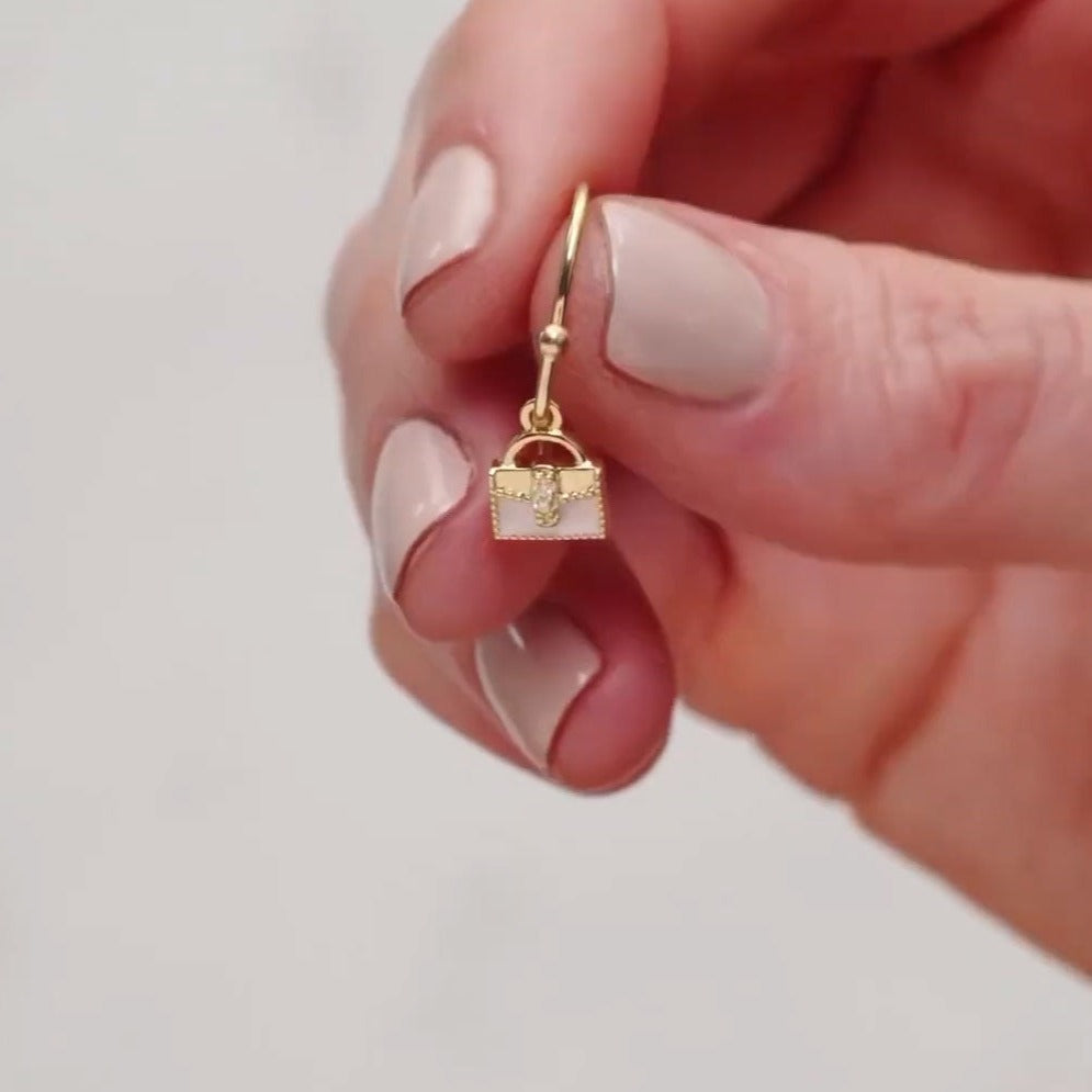 14k gold miniature enamel purse dangle on ear wire.