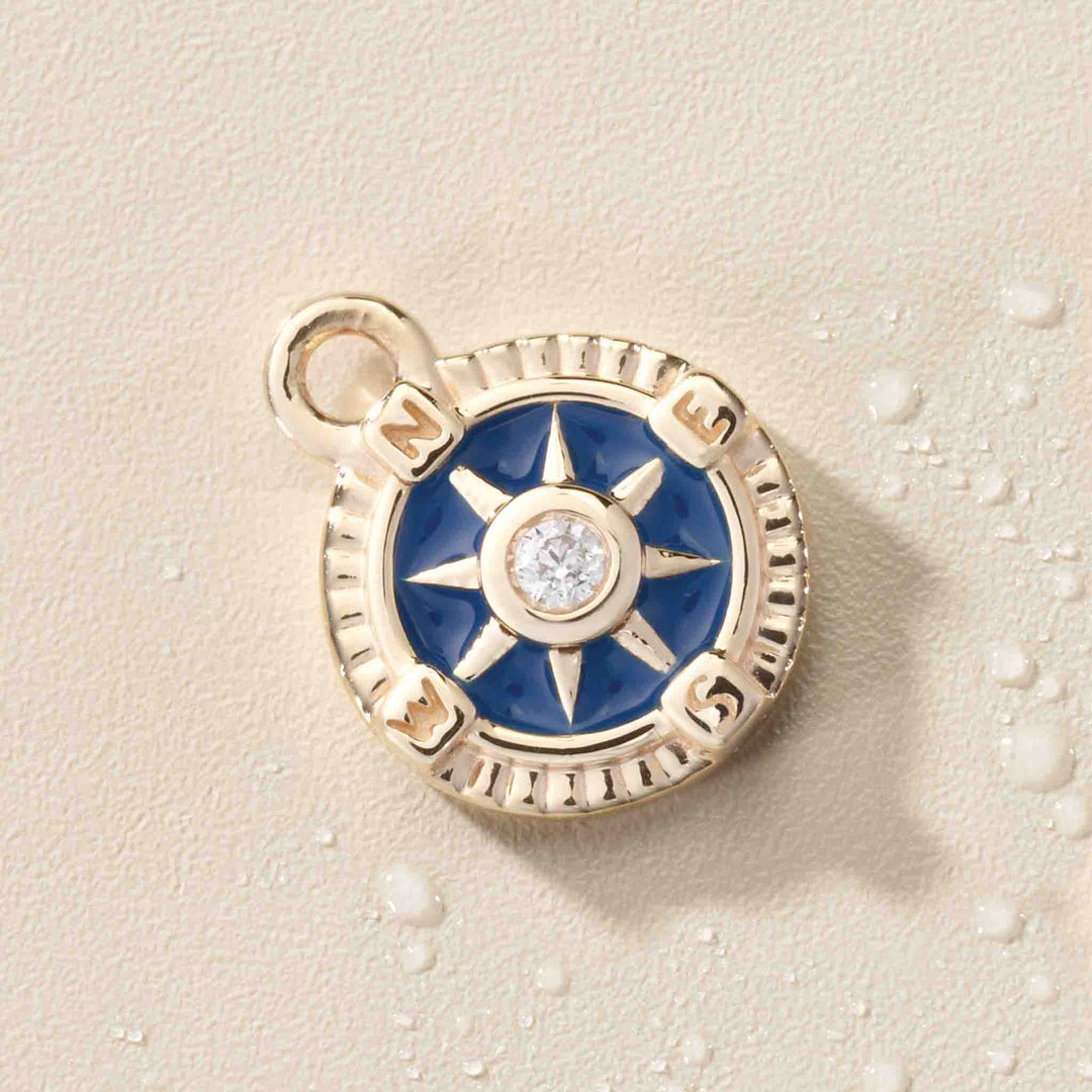 14k gold diamond blue enamel compass miniature dangle.