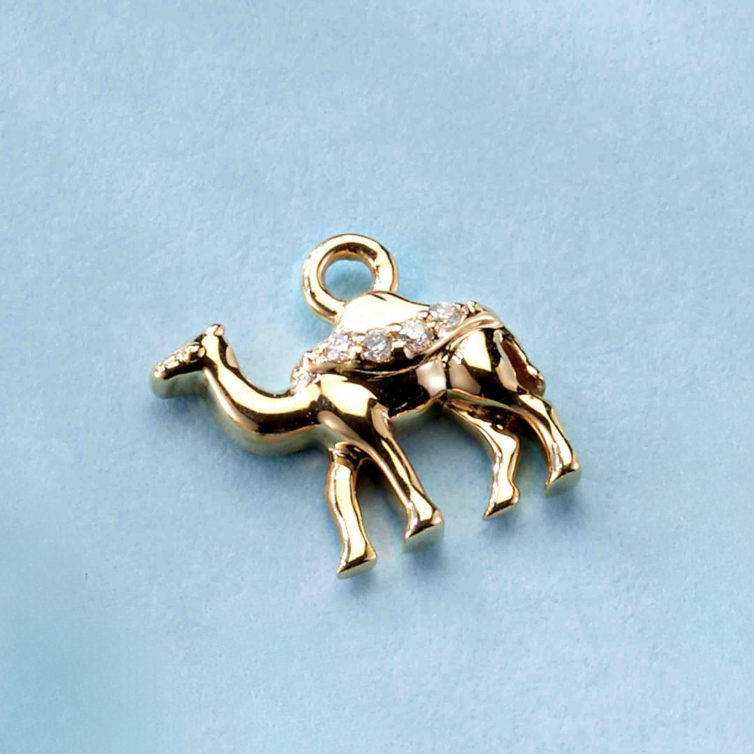 14k gold miniature diamond accented camel dangle.