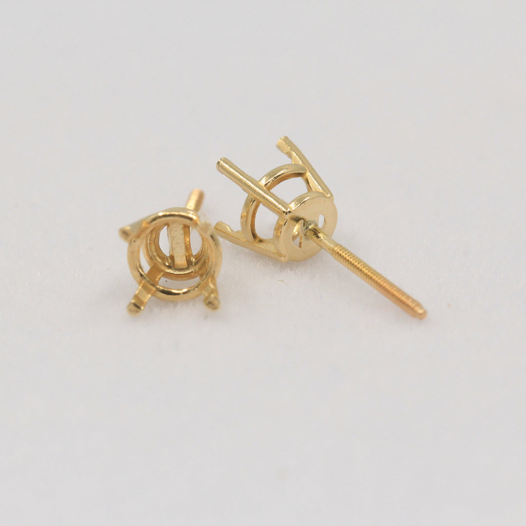14K 18K Gold Round Pre-Notched Basket Threaded Screw Earring Mounting