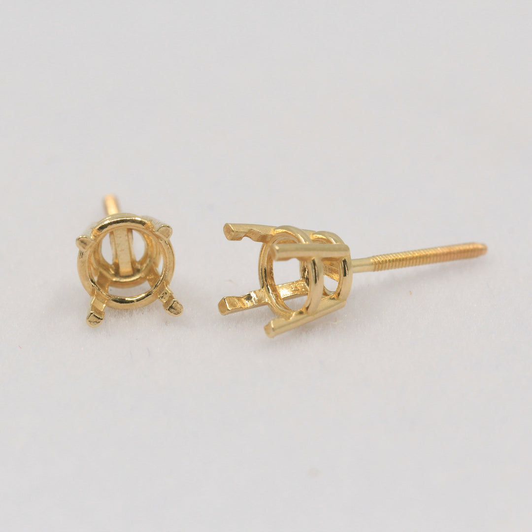 14K 18K Gold Round Pre-Notched Basket Threaded Screw Earring Mounting