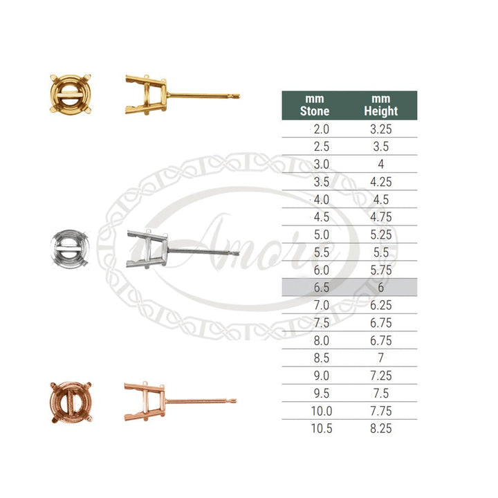 Round Pre-Notched Basket Stud Earring Mounting | Platinum Silver