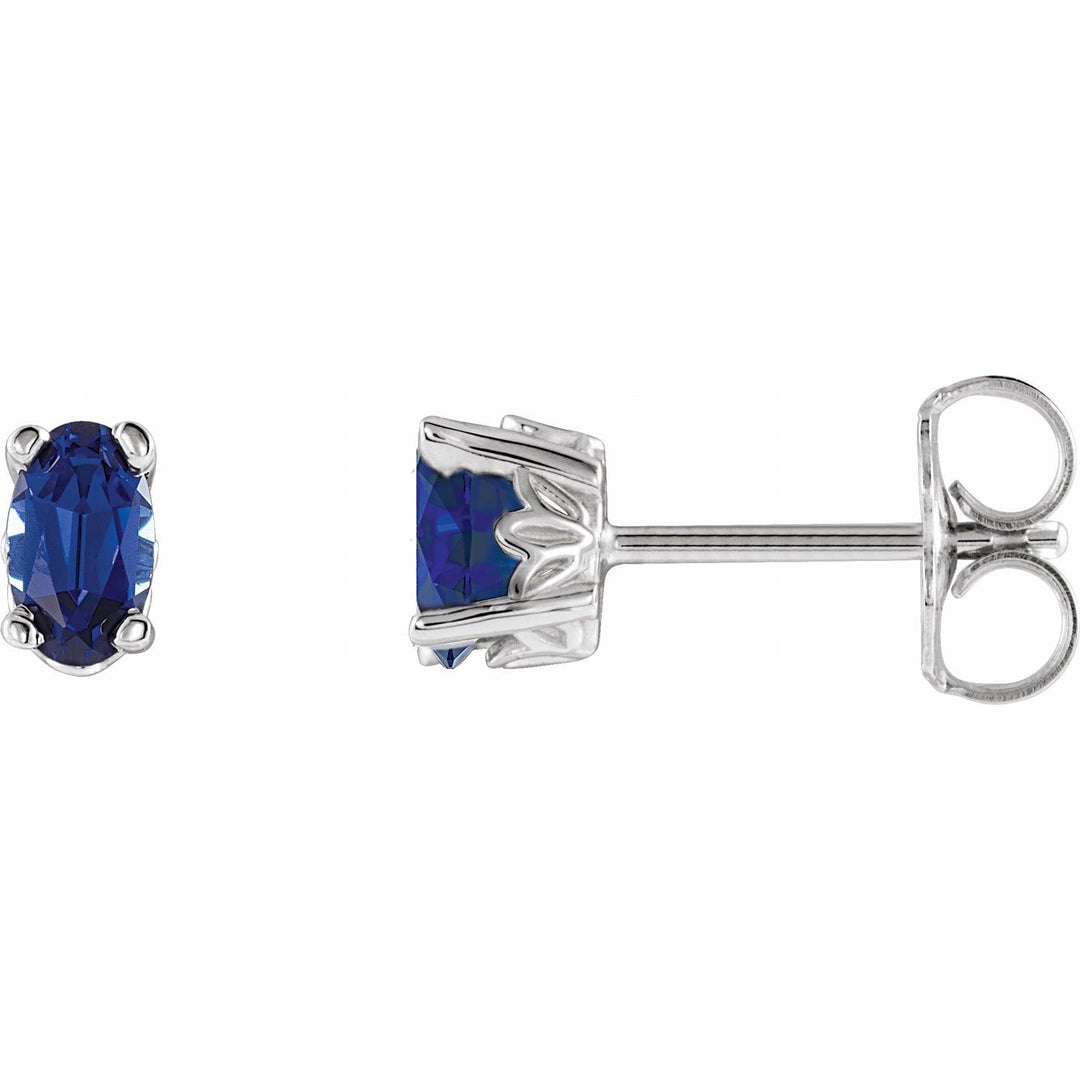 14K Gold Oval 5x3mm Lab-Grown Emerald, Ruby, Blue Sapphire Stud Earrings