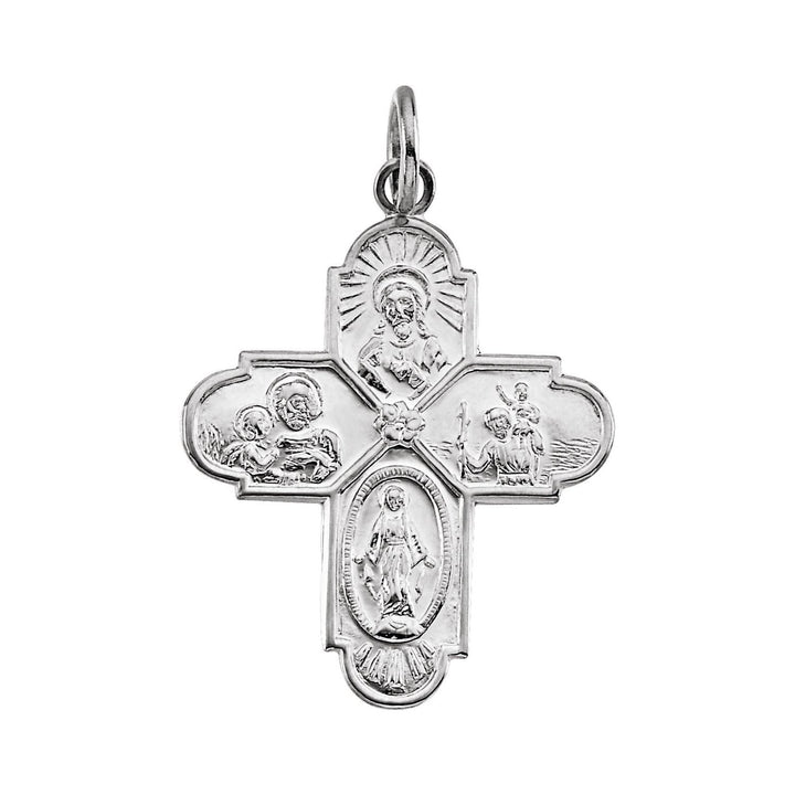 14K white gold 24.5x21.5 mm four-way cross medal.