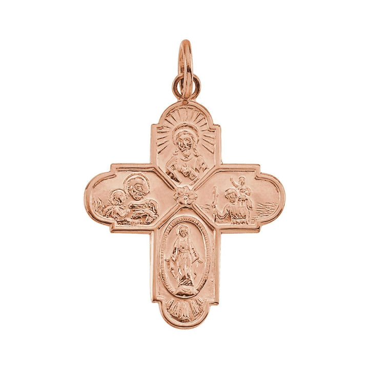 14K rose gold 24.5x21.5 mm four-way cross medal.