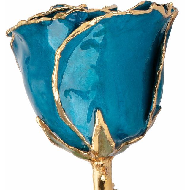 Lacquered Blue Zircon Colored Rose with Gold Trim December Birthstone