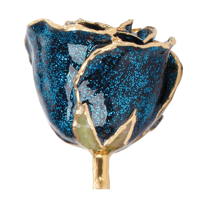 Lacquered Sparkle Blue Colored Rose with Gold Trim