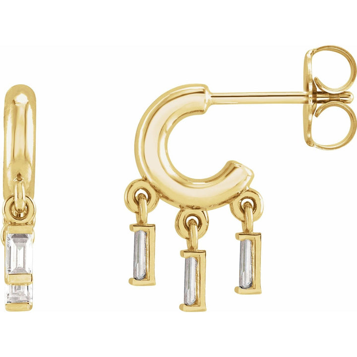 14k gold Baguette dangle fringe hoop earrings.