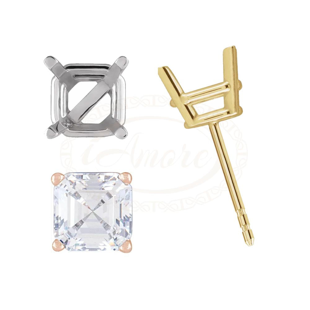Asscher 4-Prong Safety Locking Stud Earring Mounting