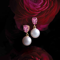 14K Gold White Akoya Pearl & Natural Pink Tourmaline Dangle Earrings