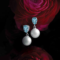 14K Gold White Akoya Pearl & Natural Aquamarine Earrings