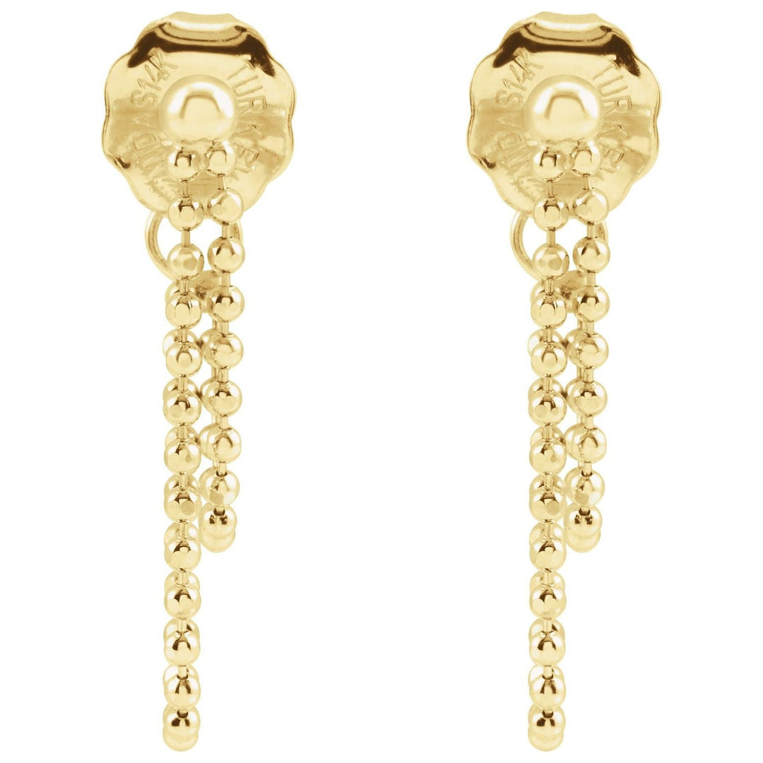 14k solid gold bead chain front-to-back earrings Front view.
