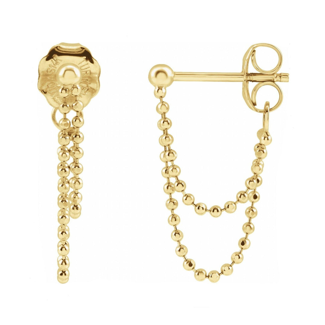 14K solid gold bead chain front-to-back earrings.