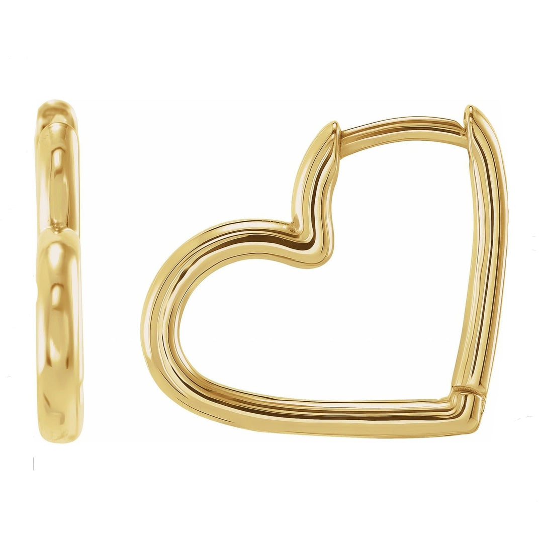 14k solid gold hinged heart huggie earrings.