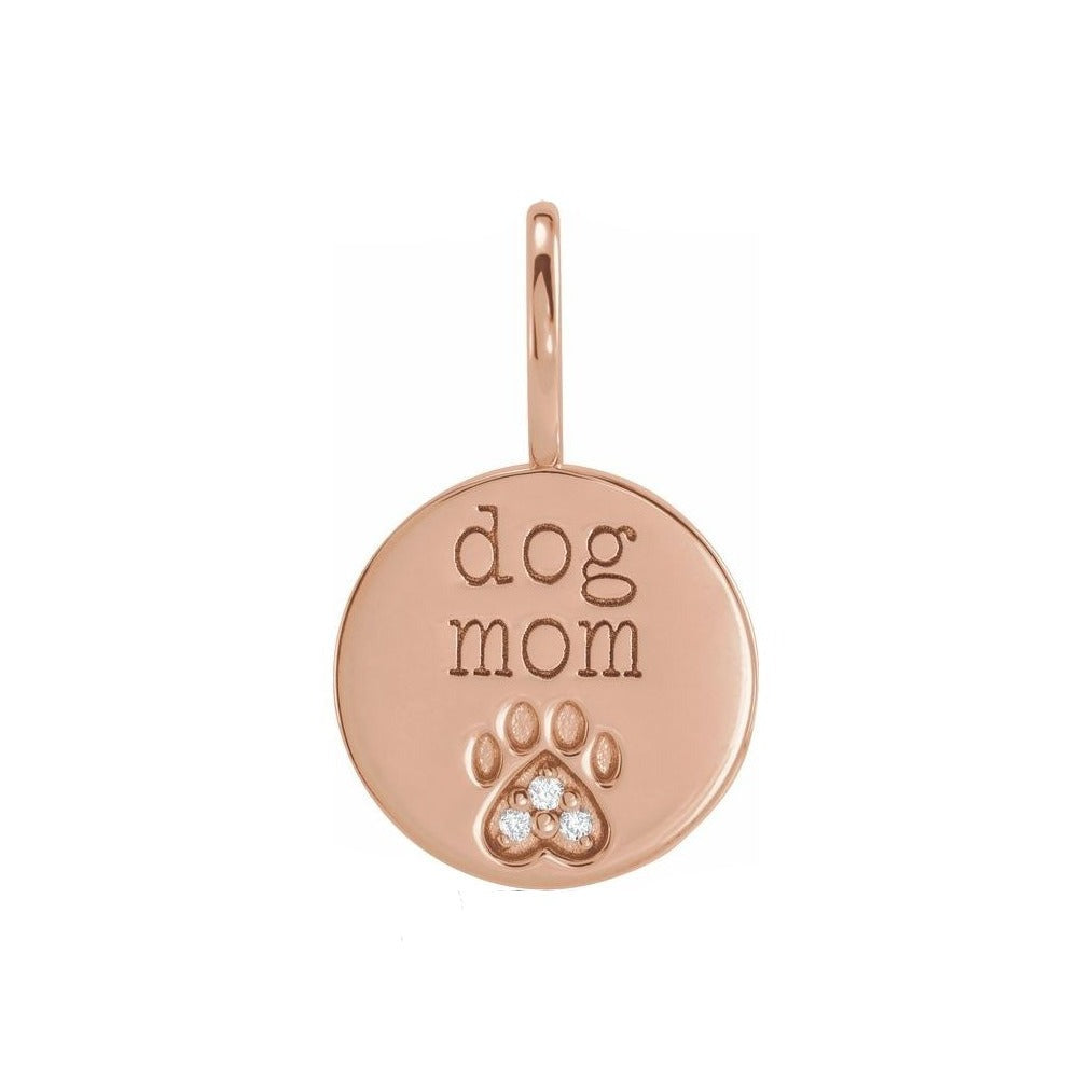 14k rose gold "dog mom" paw print pendant.