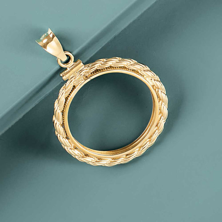 14K Yellow Rope Coin Frame Bezel Pendant Mounting for 21.5x1.5 mm Coin