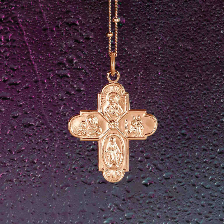 14K rose gold 24.5x21.5 mm four-way cross medal on beaded curb chain.