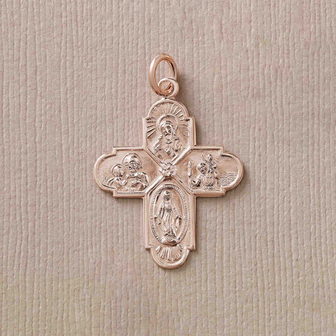 14K rose gold 24.5x21.5 mm four-way cross medal.