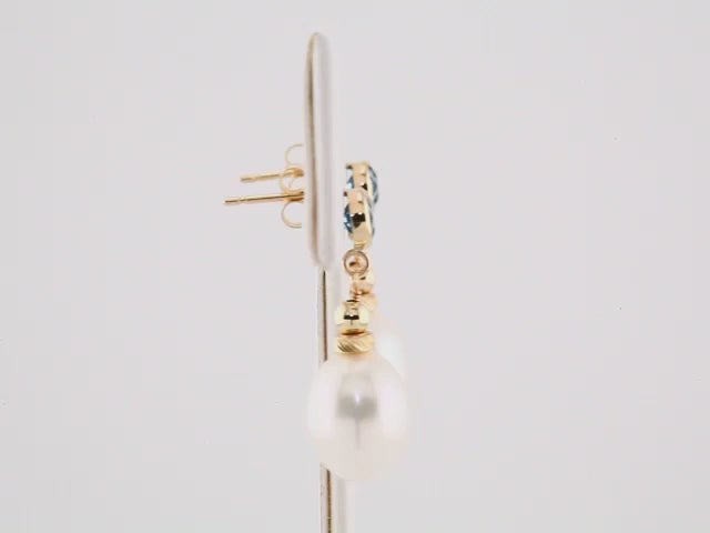 14K Gold Freshwater Pearl & Natural Swiss Blue Topaz Earrings