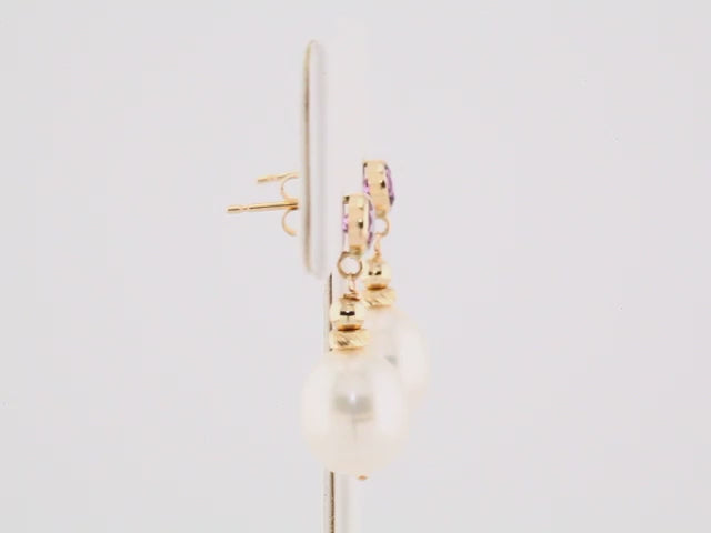 14K Gold Freshwater Pearl & Natural Amethyst Earrings