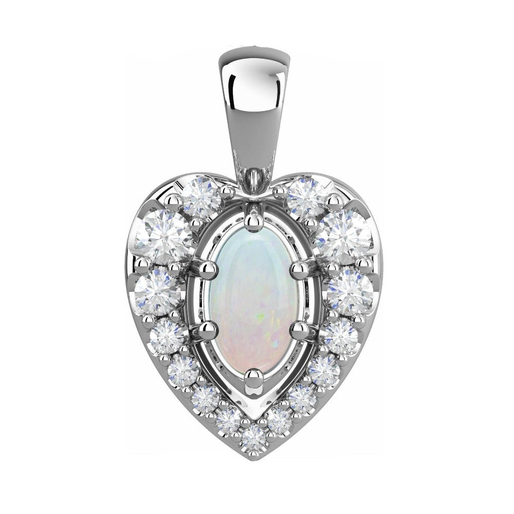 14k white gold natural opal halo pendant.