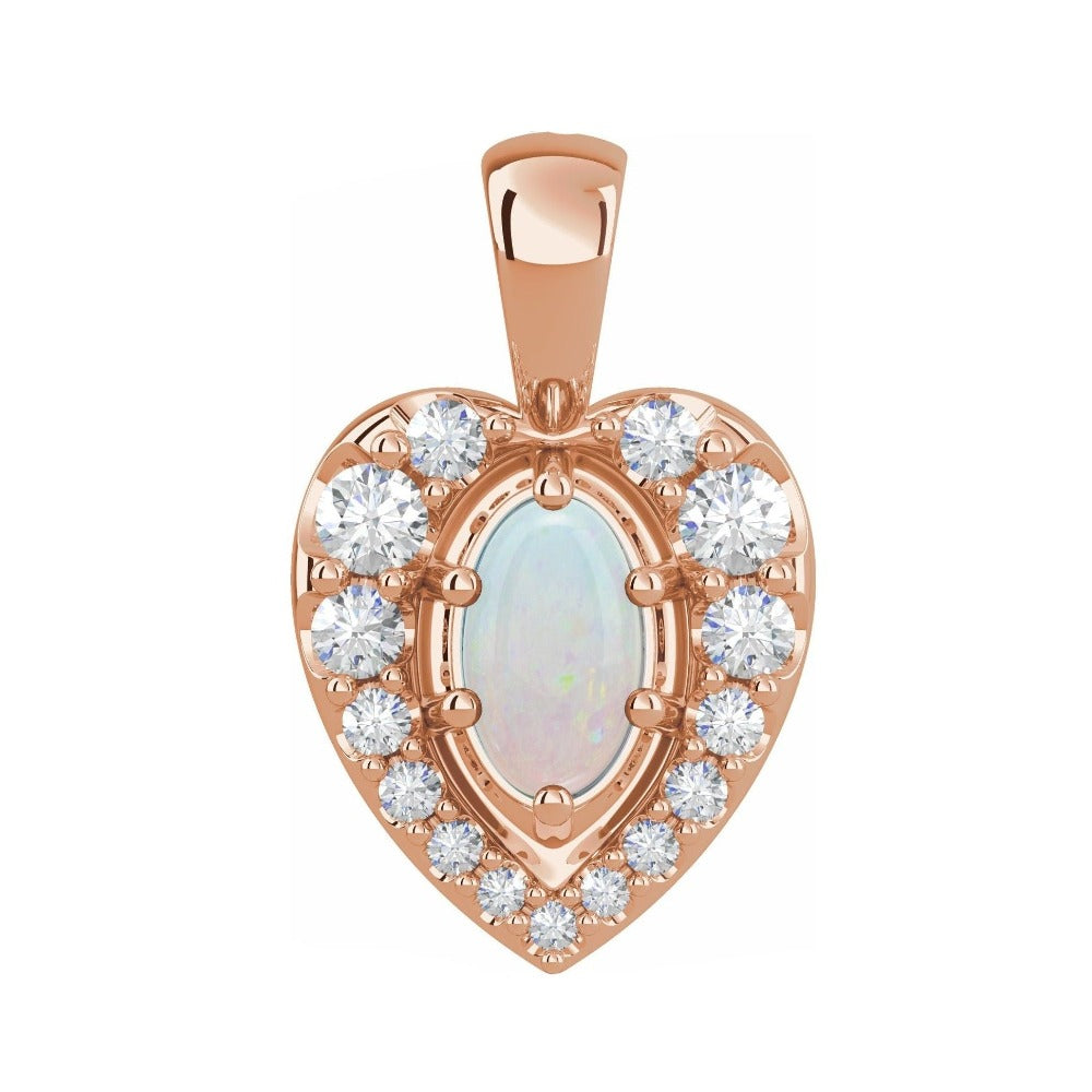 14k rose gold natural opal halo pendant.